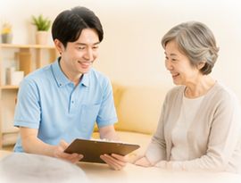 高齢女性とリハビリ計画を話し合うスタッフ